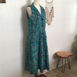 Vintage 1960’s Jan Sue abstract print dress pockets 38” bust ikat tribal